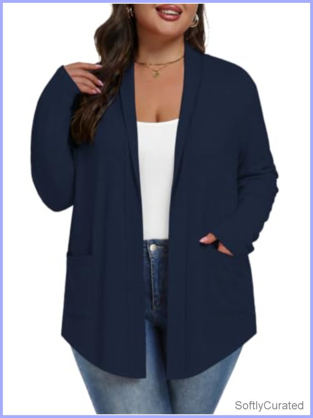 Plus Size Open Front Cardigan Sweater with Pockets, Long Sleeve V-Neck